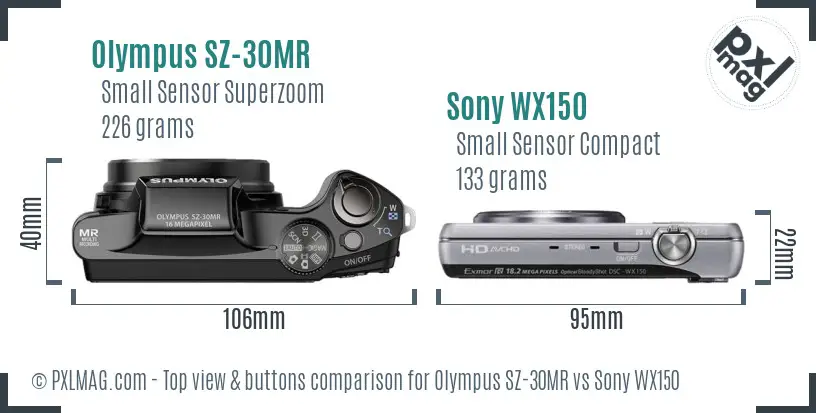 Olympus SZ-30MR vs Sony WX150 top view buttons comparison