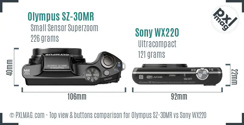 Olympus SZ-30MR vs Sony WX220 top view buttons comparison