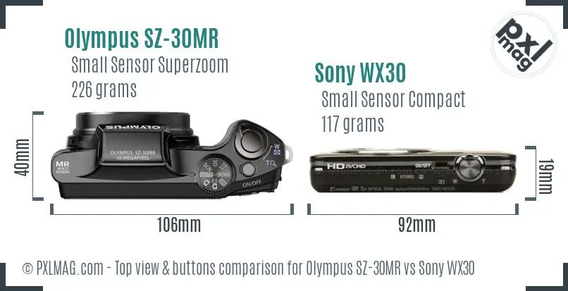 Olympus SZ-30MR vs Sony WX30 top view buttons comparison