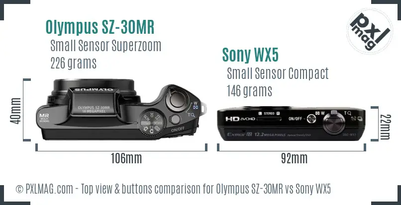 Olympus SZ-30MR vs Sony WX5 top view buttons comparison