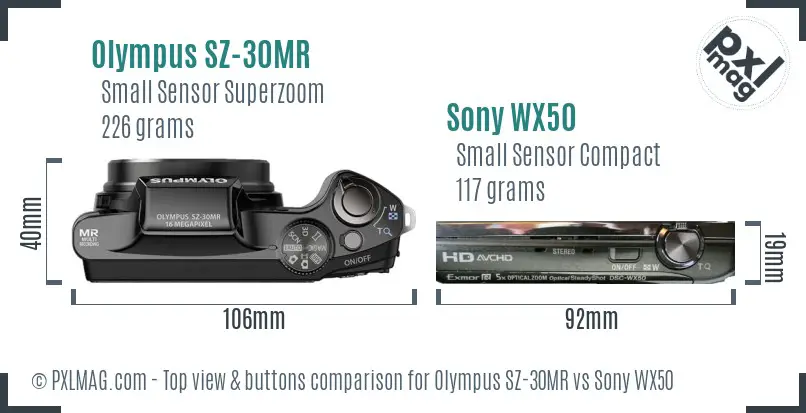 Olympus SZ-30MR vs Sony WX50 top view buttons comparison
