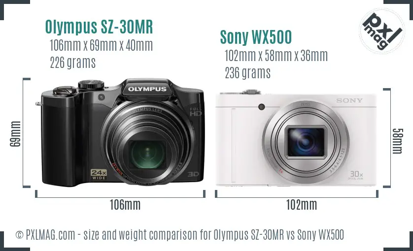 Olympus SZ-30MR vs Sony WX500 size comparison
