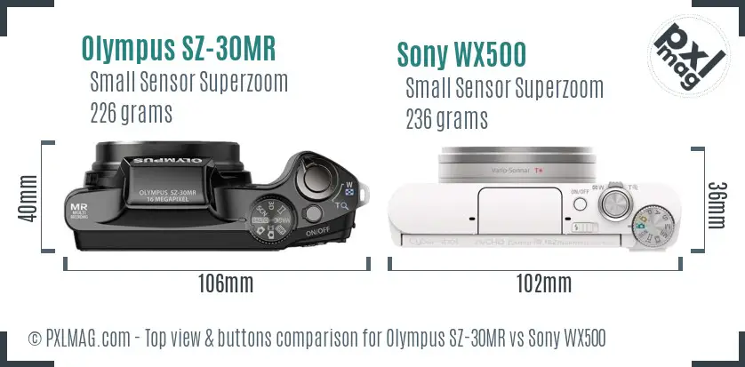 Olympus SZ-30MR vs Sony WX500 top view buttons comparison