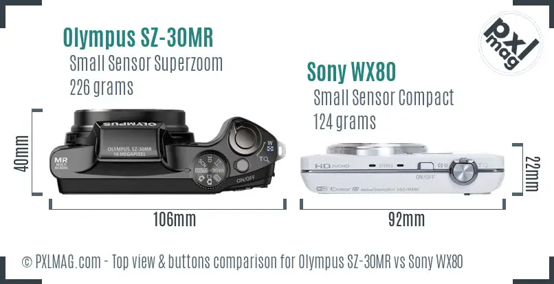 Olympus SZ-30MR vs Sony WX80 top view buttons comparison