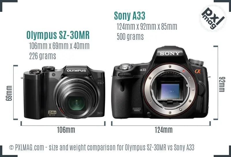 Olympus SZ-30MR vs Sony A33 size comparison