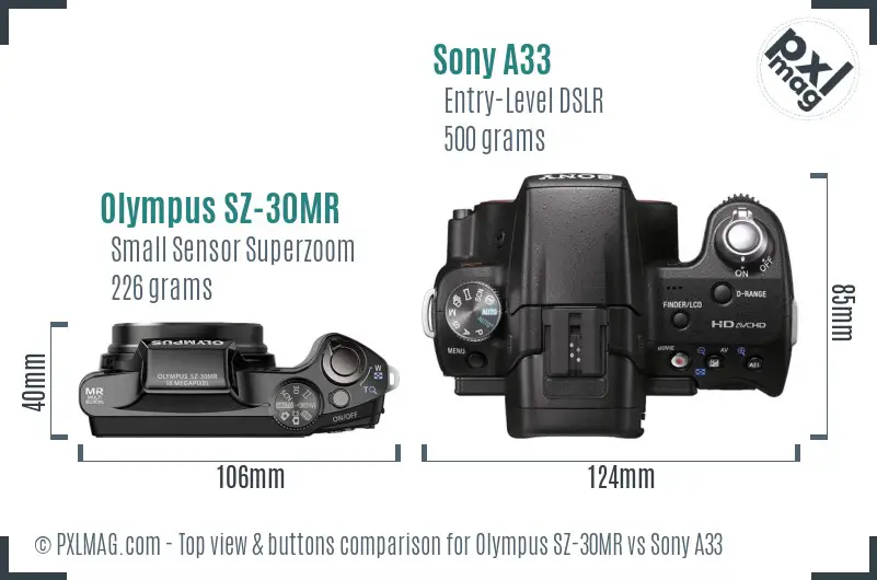 Olympus SZ-30MR vs Sony A33 top view buttons comparison