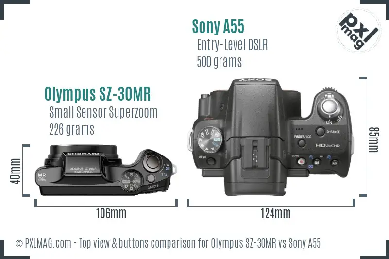 Olympus SZ-30MR vs Sony A55 top view buttons comparison