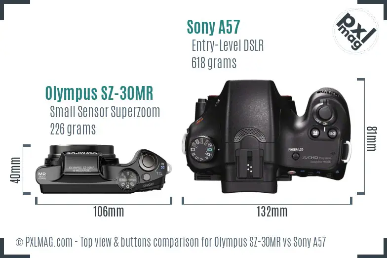 Olympus SZ-30MR vs Sony A57 top view buttons comparison