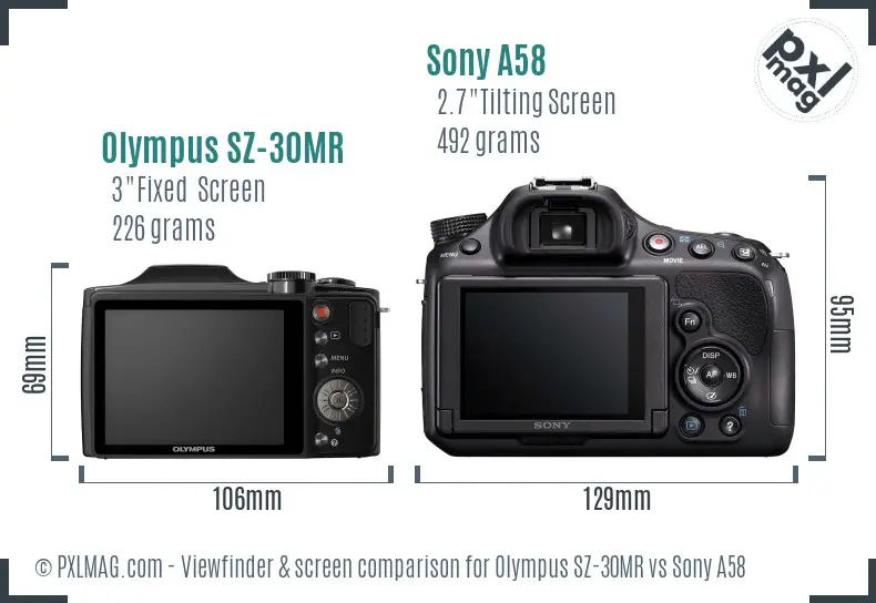 Olympus SZ-30MR vs Sony A58 Screen and Viewfinder comparison