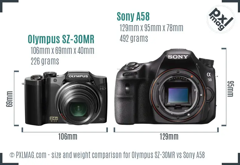 Olympus SZ-30MR vs Sony A58 size comparison