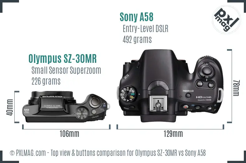 Olympus SZ-30MR vs Sony A58 top view buttons comparison