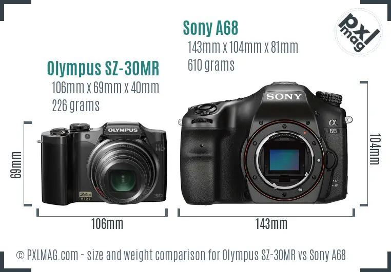 Olympus SZ-30MR vs Sony A68 size comparison