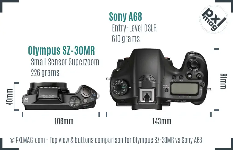 Olympus SZ-30MR vs Sony A68 top view buttons comparison