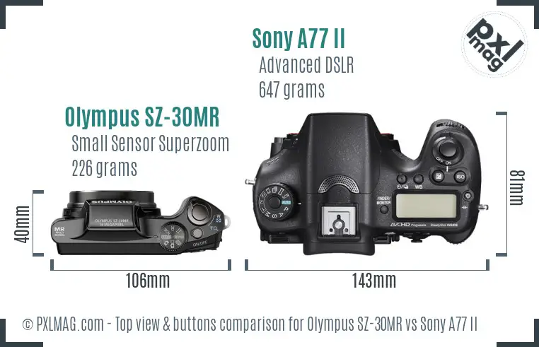 Olympus SZ-30MR vs Sony A77 II top view buttons comparison
