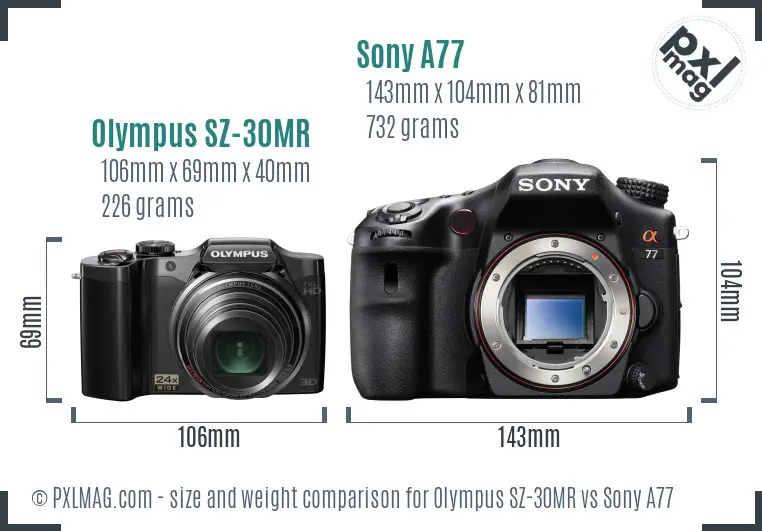 Olympus SZ-30MR vs Sony A77 size comparison