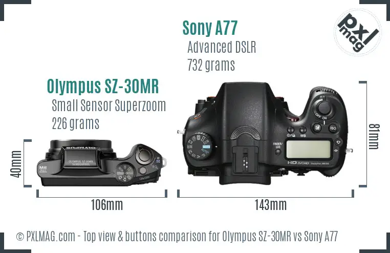 Olympus SZ-30MR vs Sony A77 top view buttons comparison
