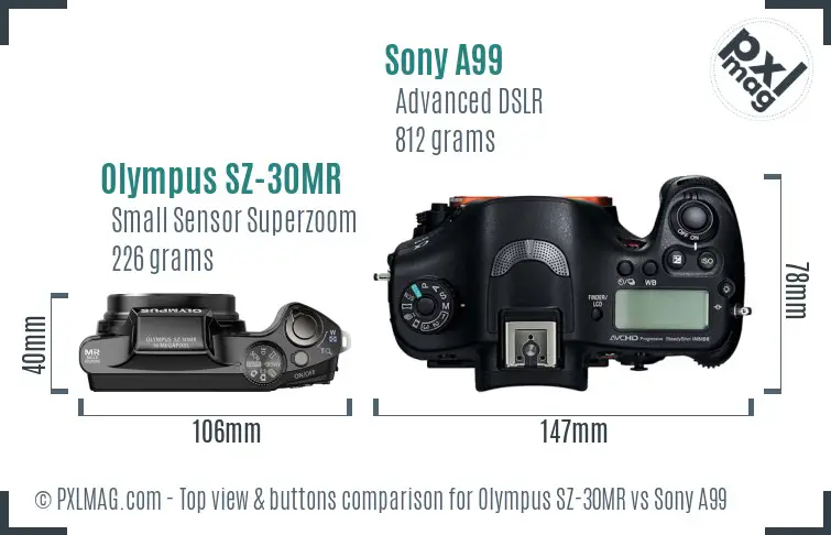 Olympus SZ-30MR vs Sony A99 top view buttons comparison