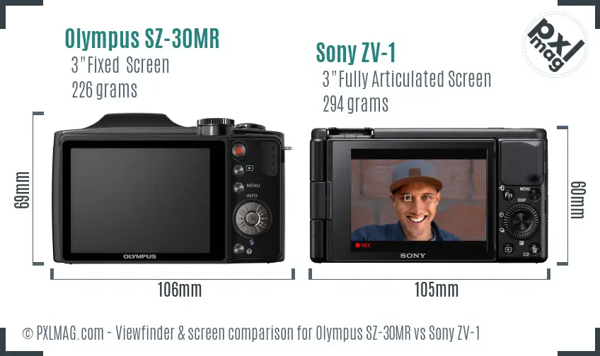 Olympus SZ-30MR vs Sony ZV-1 Screen and Viewfinder comparison