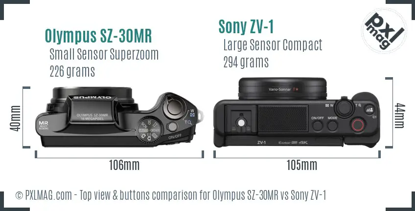 Olympus SZ-30MR vs Sony ZV-1 top view buttons comparison