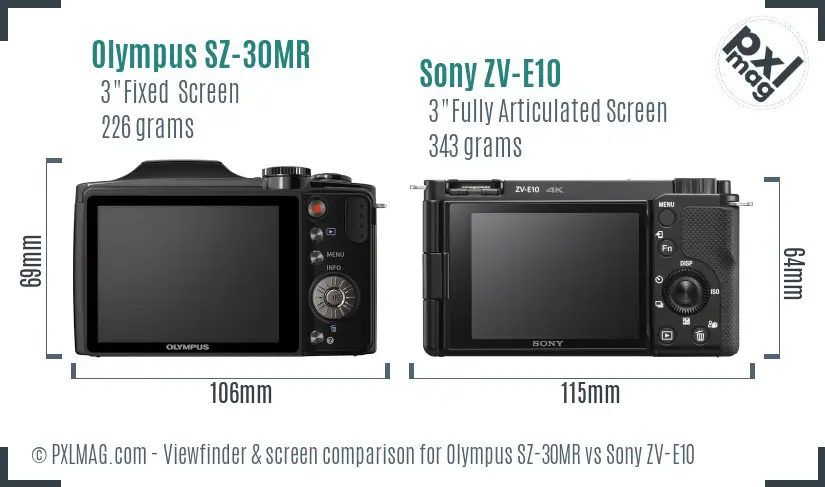 Olympus SZ-30MR vs Sony ZV-E10 Screen and Viewfinder comparison