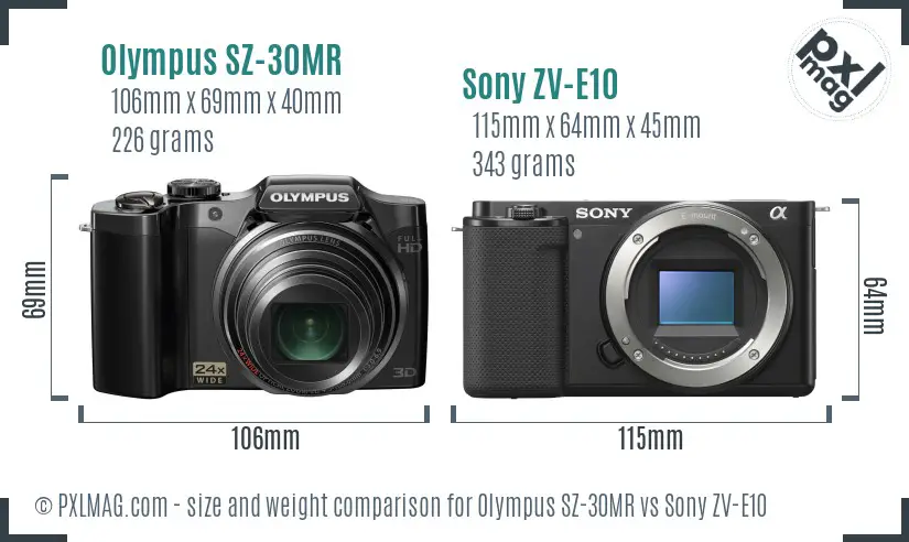 Olympus SZ-30MR vs Sony ZV-E10 size comparison