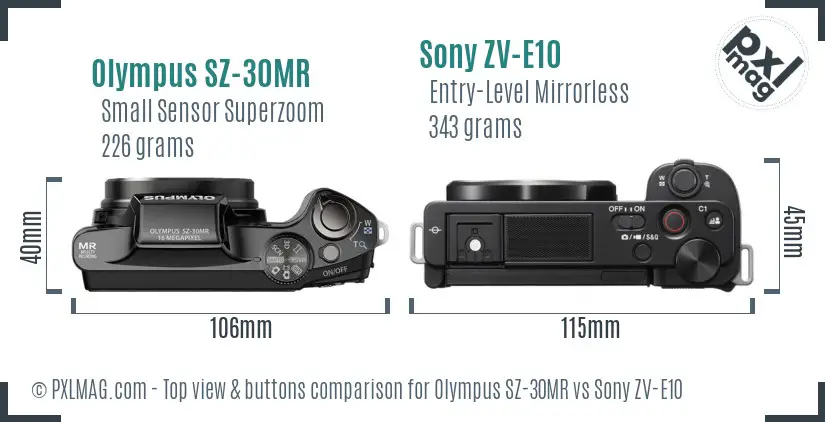 Olympus SZ-30MR vs Sony ZV-E10 top view buttons comparison
