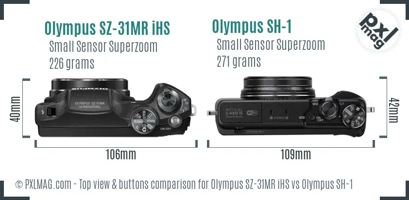 Olympus SZ-31MR iHS vs Olympus SH-1 top view buttons comparison