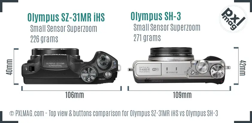 Olympus SZ-31MR iHS vs Olympus SH-3 top view buttons comparison