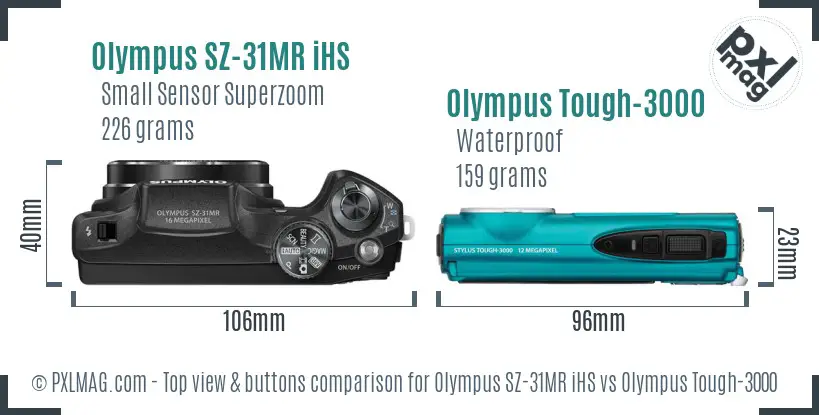 Olympus SZ-31MR iHS vs Olympus Tough-3000 top view buttons comparison