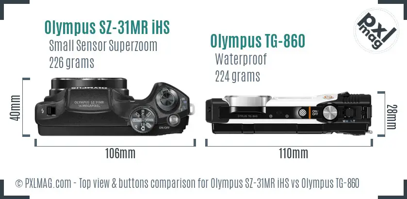 Olympus SZ-31MR iHS vs Olympus TG-860 top view buttons comparison