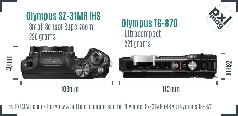 Olympus SZ-31MR iHS vs Olympus TG-870 top view buttons comparison