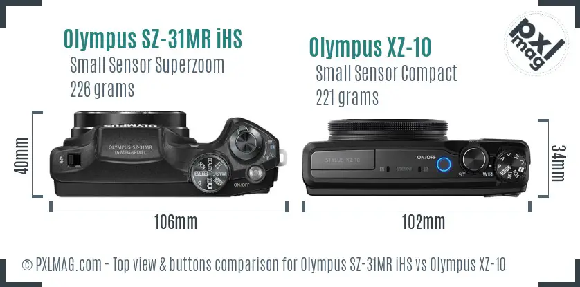 Olympus SZ-31MR iHS vs Olympus XZ-10 top view buttons comparison