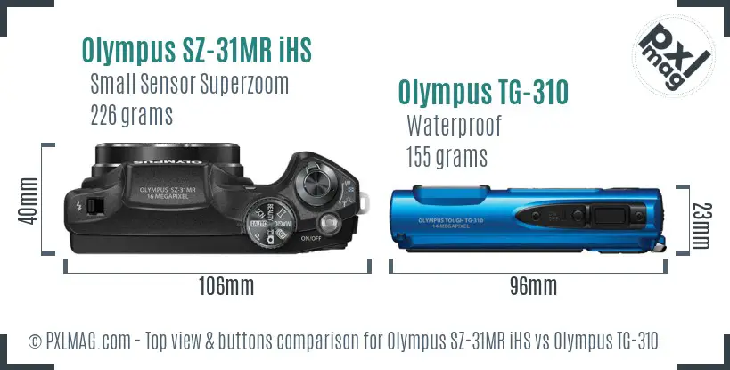 Olympus SZ-31MR iHS vs Olympus TG-310 top view buttons comparison