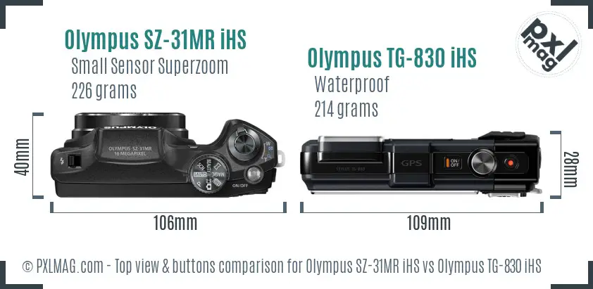 Olympus SZ-31MR iHS vs Olympus TG-830 iHS top view buttons comparison