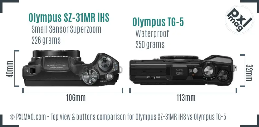 Olympus SZ-31MR iHS vs Olympus TG-5 top view buttons comparison