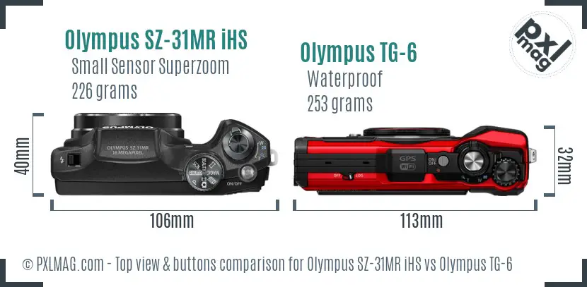Olympus SZ-31MR iHS vs Olympus TG-6 top view buttons comparison