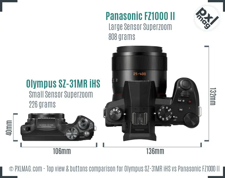 Olympus SZ-31MR iHS vs Panasonic FZ1000 II top view buttons comparison