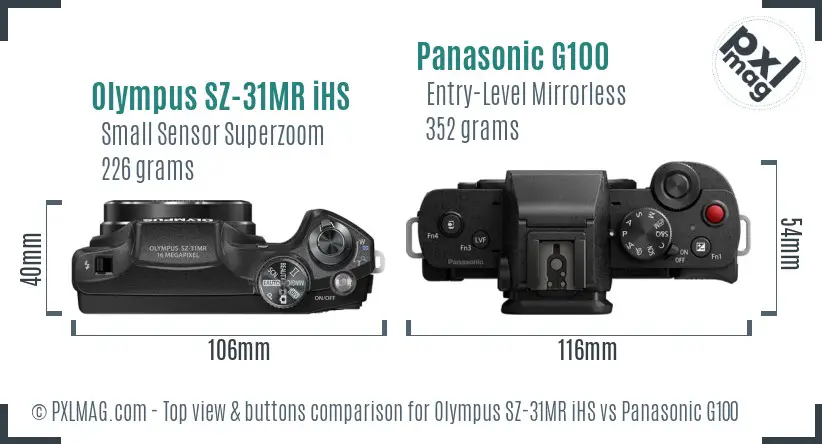 Olympus SZ-31MR iHS vs Panasonic G100 top view buttons comparison