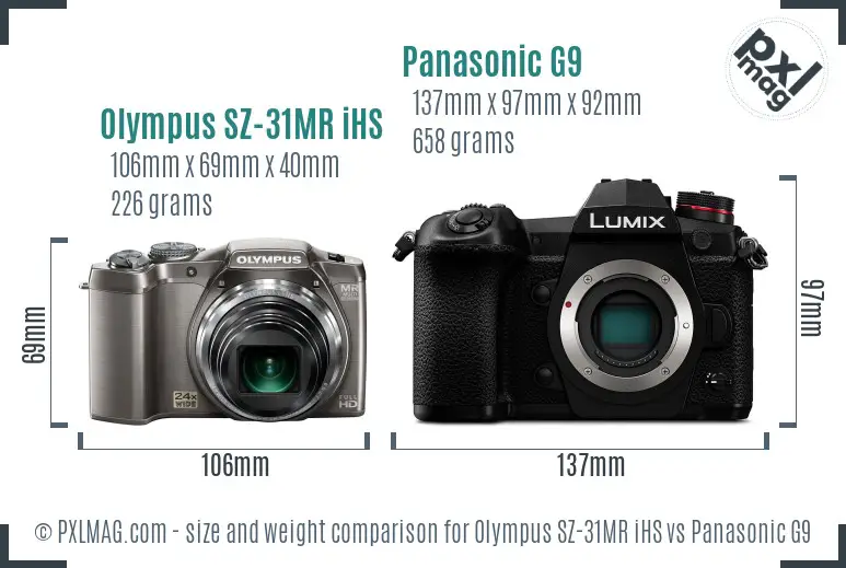 Olympus SZ-31MR iHS vs Panasonic G9 size comparison