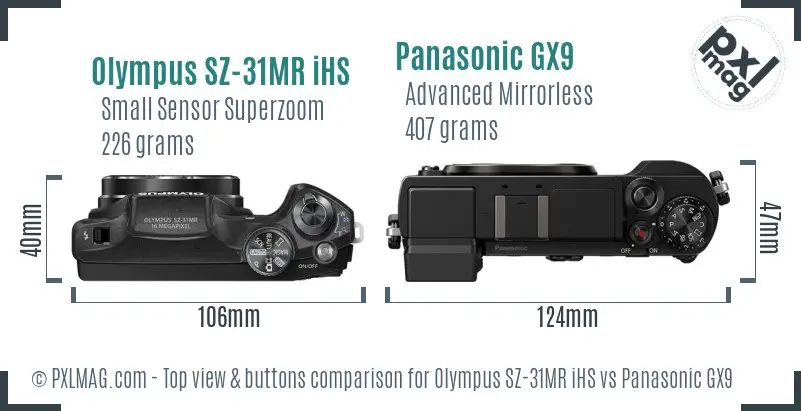 Olympus SZ-31MR iHS vs Panasonic GX9 top view buttons comparison