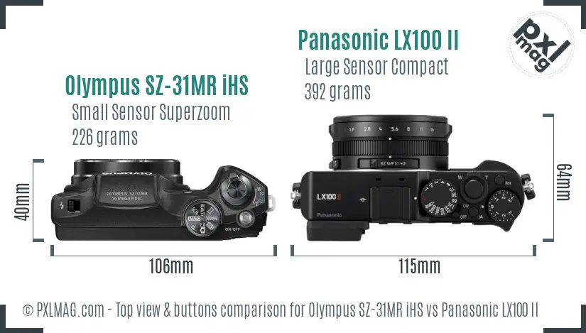 Olympus SZ-31MR iHS vs Panasonic LX100 II top view buttons comparison