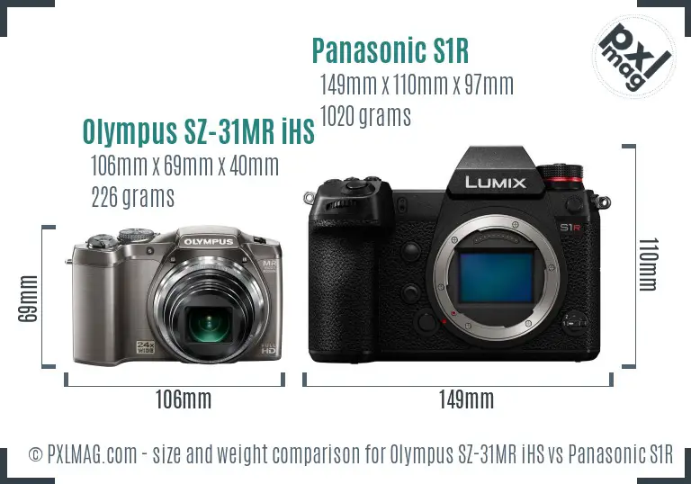 Olympus SZ-31MR iHS vs Panasonic S1R size comparison