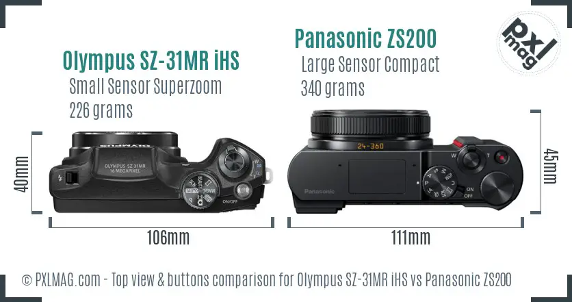 Olympus SZ-31MR iHS vs Panasonic ZS200 top view buttons comparison