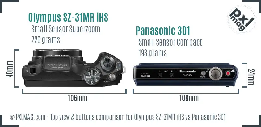 Olympus SZ-31MR iHS vs Panasonic 3D1 top view buttons comparison