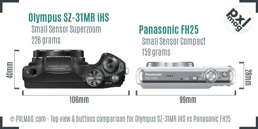 Olympus SZ-31MR iHS vs Panasonic FH25 top view buttons comparison