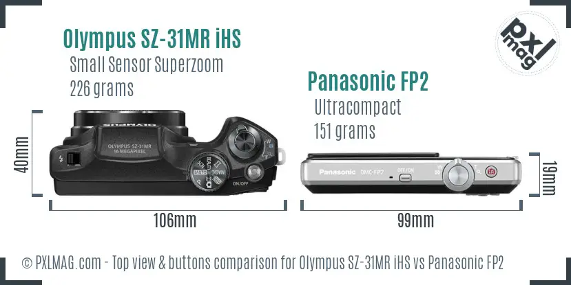 Olympus SZ-31MR iHS vs Panasonic FP2 top view buttons comparison