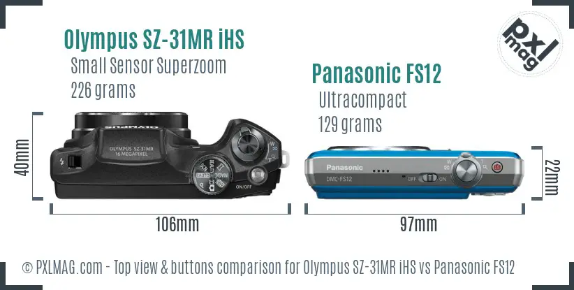 Olympus SZ-31MR iHS vs Panasonic FS12 top view buttons comparison
