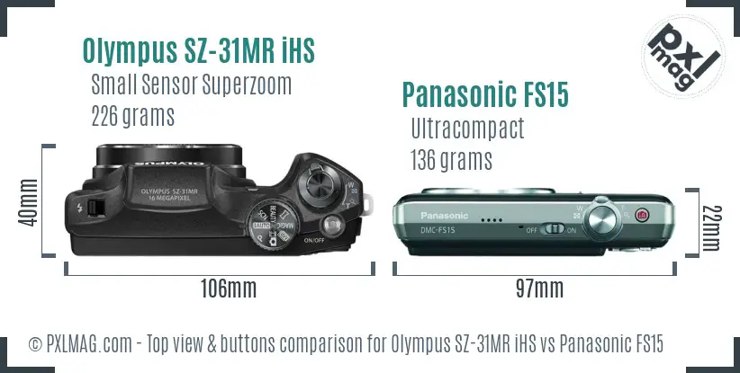 Olympus SZ-31MR iHS vs Panasonic FS15 top view buttons comparison