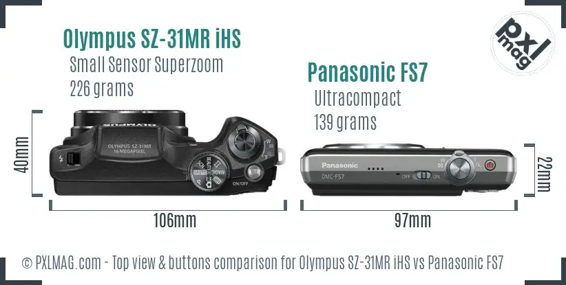 Olympus SZ-31MR iHS vs Panasonic FS7 top view buttons comparison