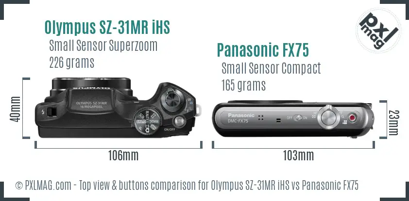 Olympus SZ-31MR iHS vs Panasonic FX75 top view buttons comparison